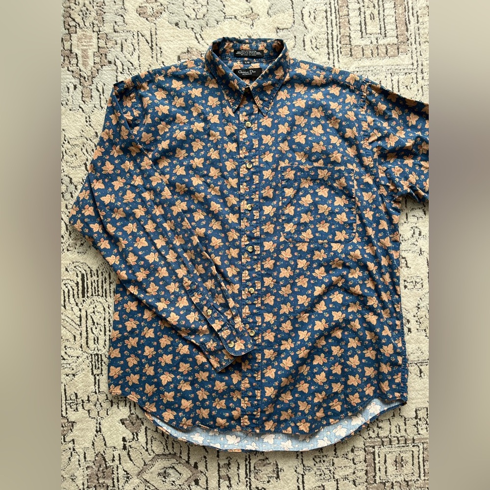 Vintage Christian Dior Monsieur Blue Long Sleeve Button Down Leaf Print Shirt L